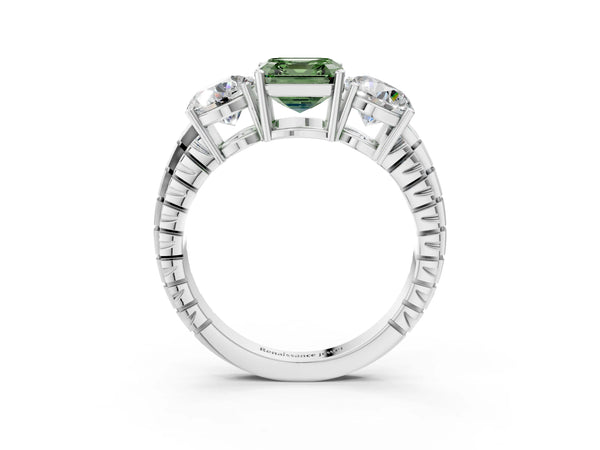 White Gold Asscher Cut Three-Stone Engagement Ring Setting for Fancy Green Center with Engraved Band