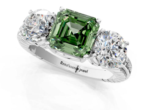 White gold Three-Stone Fancy Green Asscher Cut Cut Diamond Ring with Channel-Set Band and Prong Setting_1