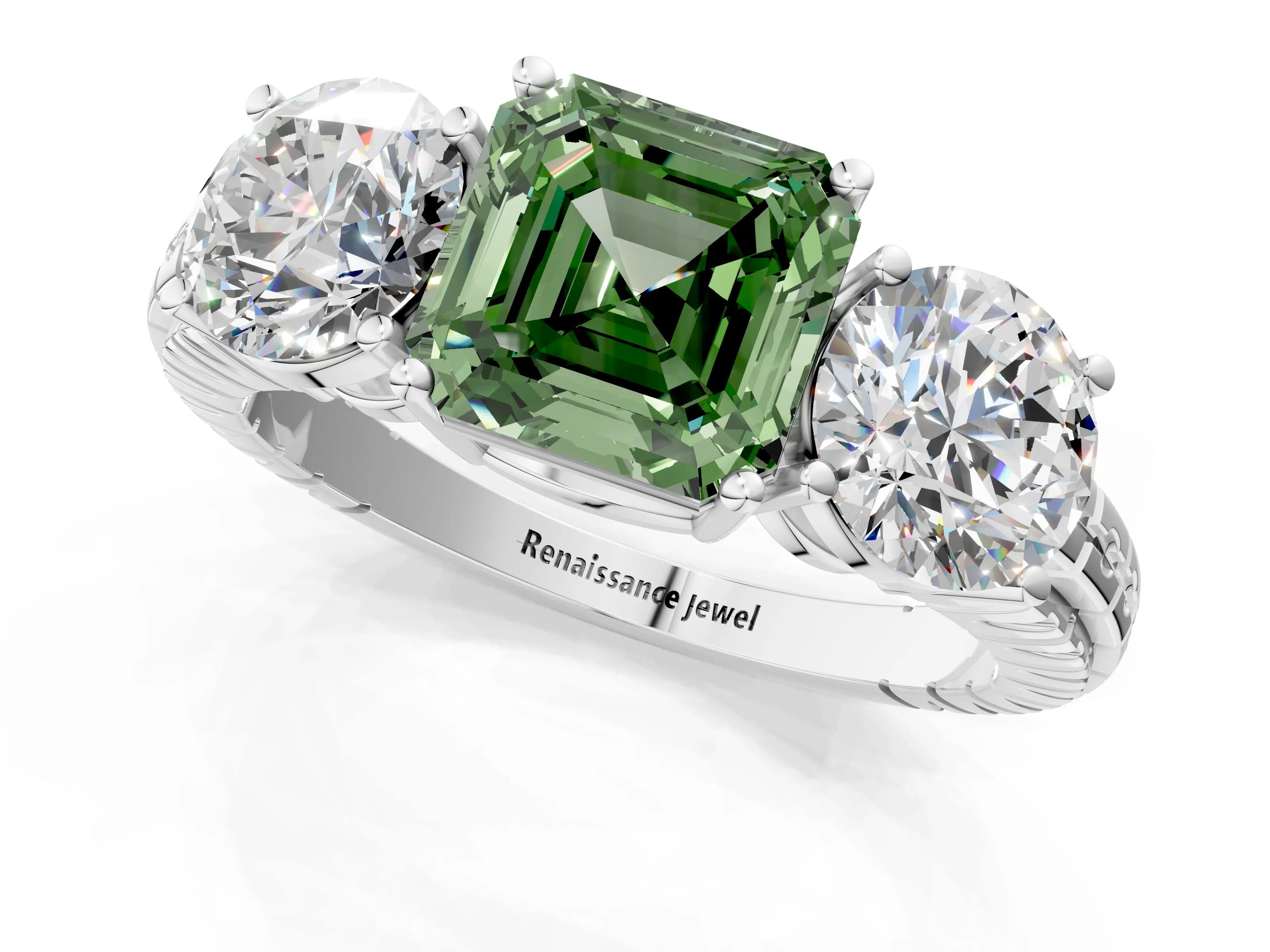 White gold Three-Stone Fancy Green Asscher Cut Cut Diamond Ring with Channel-Set Band and Prong Setting_1