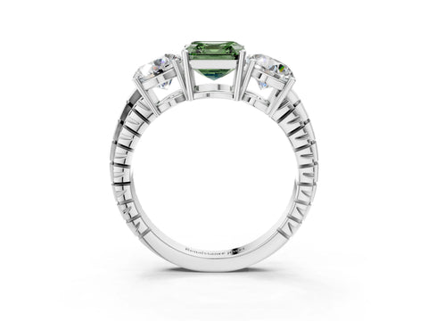 White gold Three-Stone Fancy Green Asscher Cut Cut Diamond Ring with Channel-Set Band and Prong Setting_3