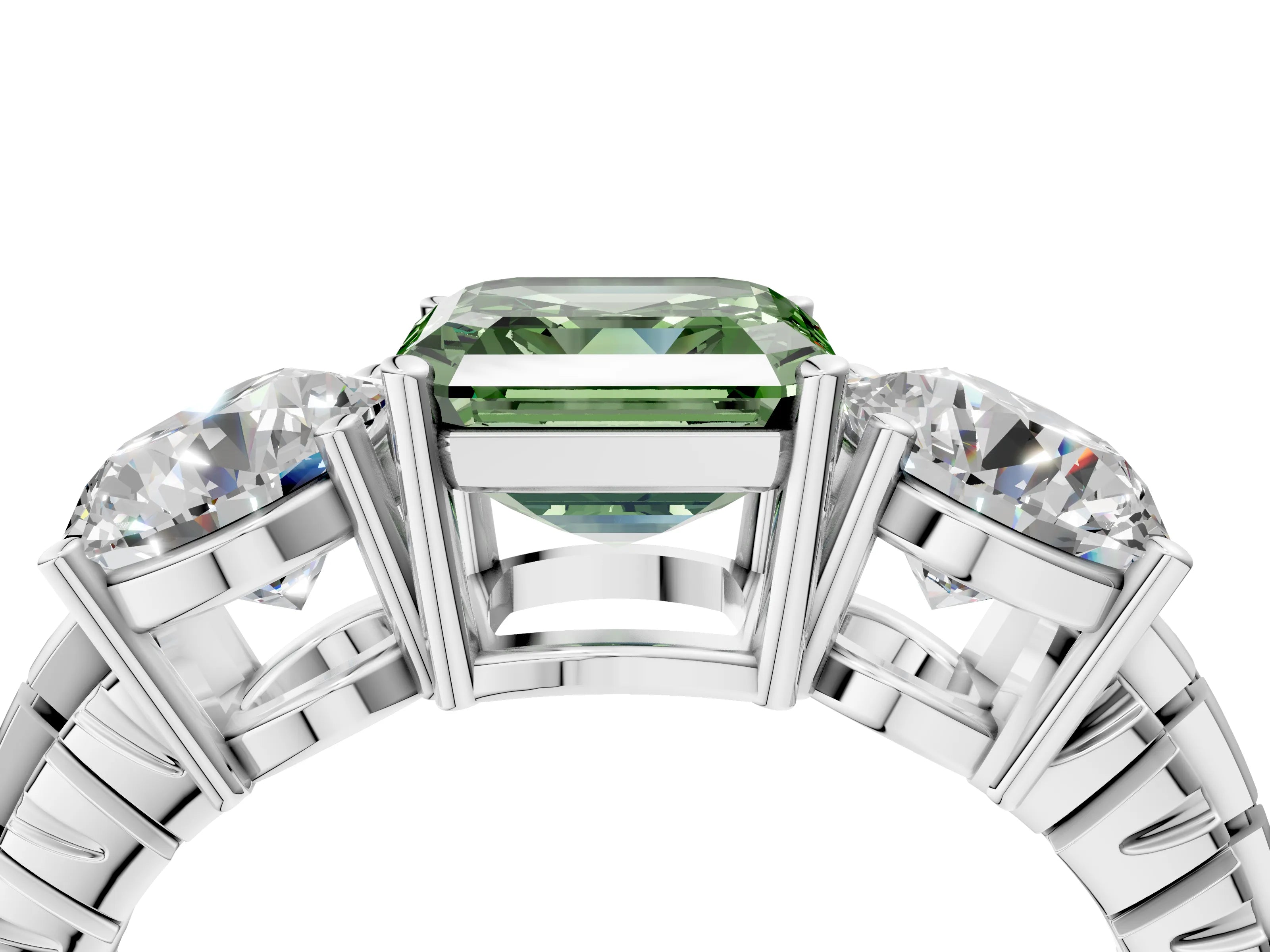 White gold Three-Stone Fancy Green Asscher Cut Cut Diamond Ring with Channel-Set Band and Prong Setting_4
