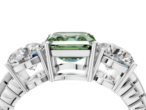 White gold Three-Stone Fancy Green Asscher Cut Cut Diamond Ring with Channel-Set Band and Prong Setting_4