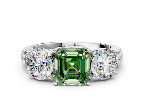 White gold Three-Stone Fancy Green Asscher Cut Cut Diamond Ring with Channel-Set Band and Prong Setting