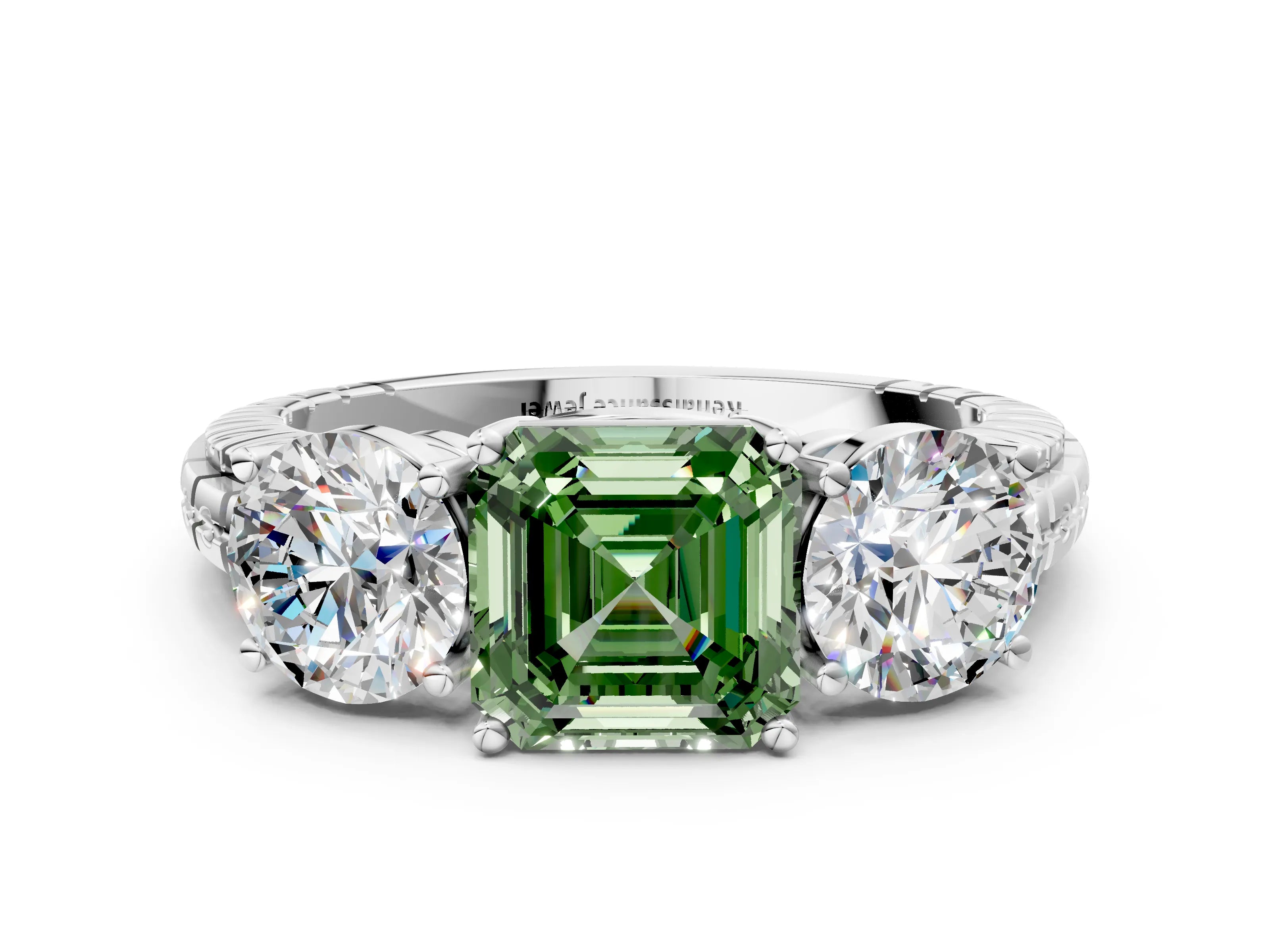 White gold Three-Stone Fancy Green Asscher Cut Cut Diamond Ring with Channel-Set Band and Prong Setting