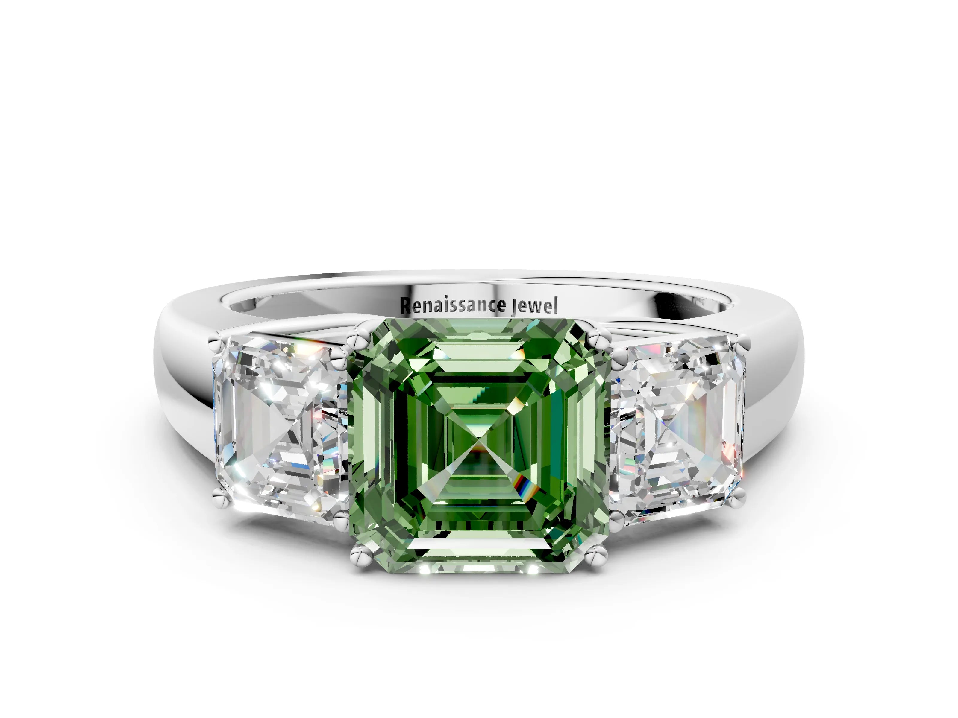 White gold Three-Stone Fancy Green Asscher Cut Cut Diamond Ring with Prong Setting and Classic Band