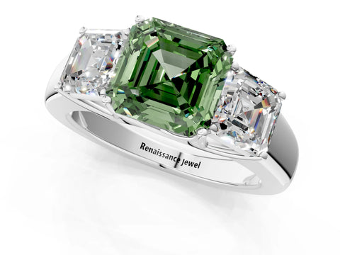 White gold Three-Stone Fancy Green Asscher Cut Cut Diamond Ring with Prong Setting and Classic Band_1