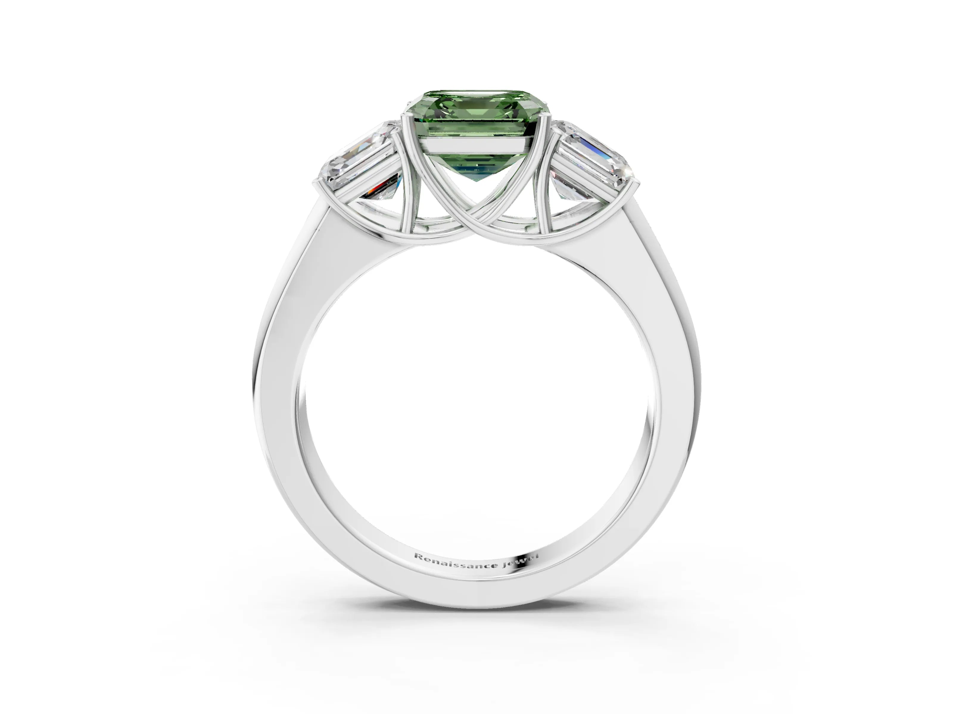 White gold Three-Stone Fancy Green Asscher Cut Cut Diamond Ring with Prong Setting and Classic Band_3