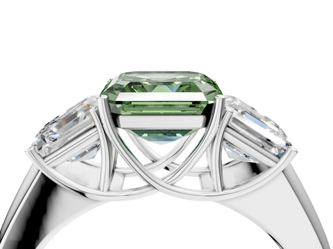 White gold Three-Stone Fancy Green Asscher Cut Cut Diamond Ring with Prong Setting and Classic Band_4