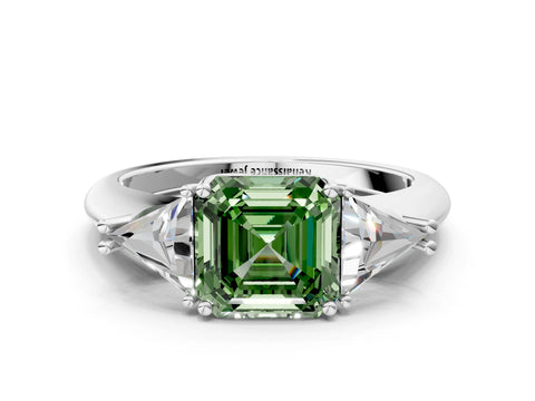 White gold Three-Stone Fancy Green Asscher Cut Cut Diamond Ring with Trillion Side Stones and Four-Prong Setting_11