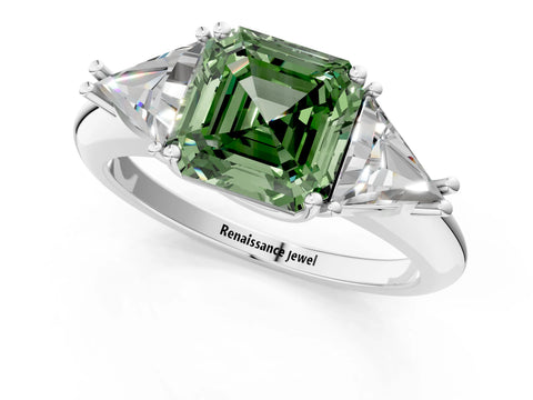 White gold Three-Stone Fancy Green Asscher Cut Cut Diamond Ring with Trillion Side Stones and Four-Prong Setting_12