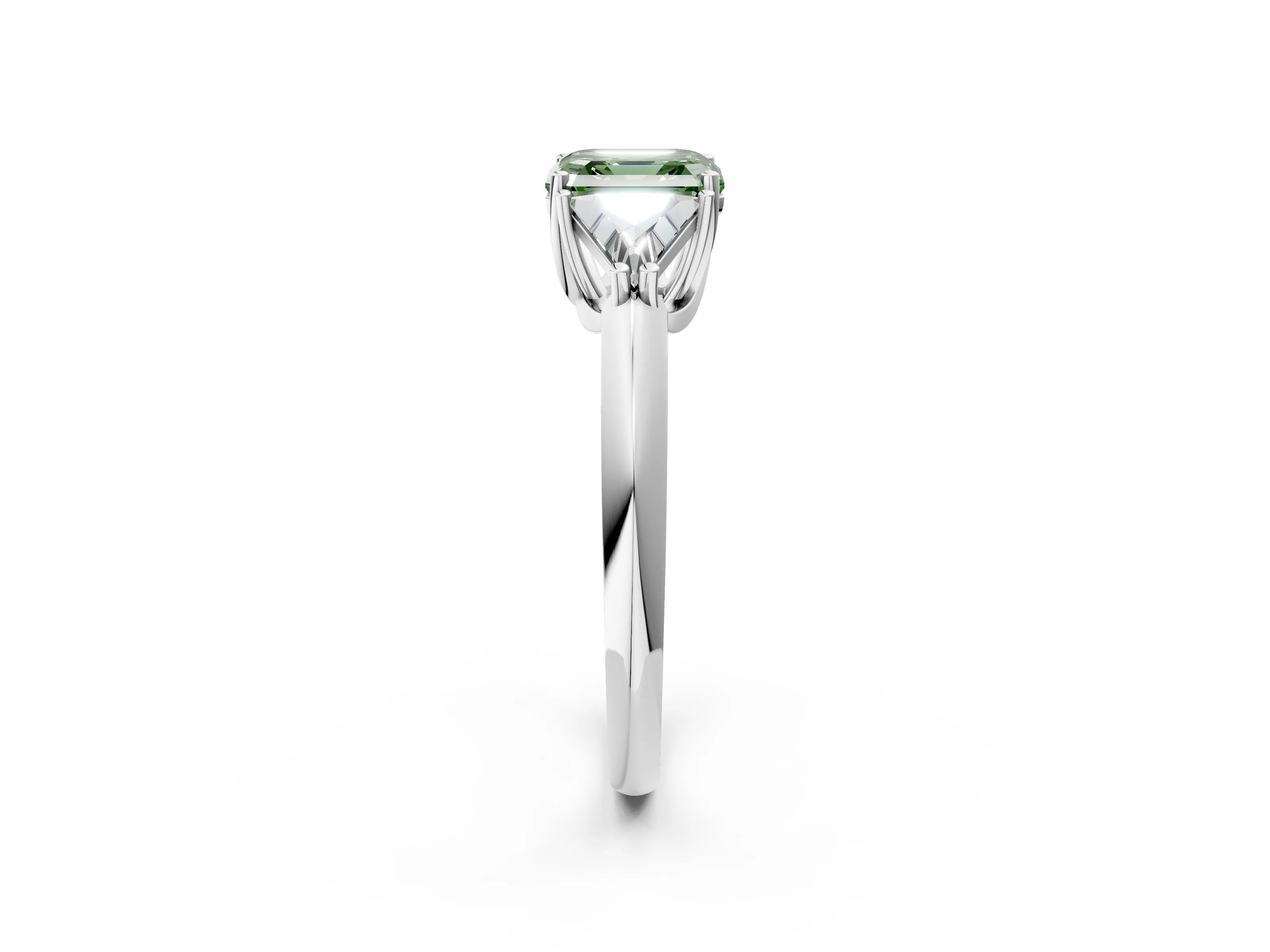 White gold Three-Stone Fancy Green Asscher Cut Cut Diamond Ring with Trillion Side Stones and Four-Prong Setting_13