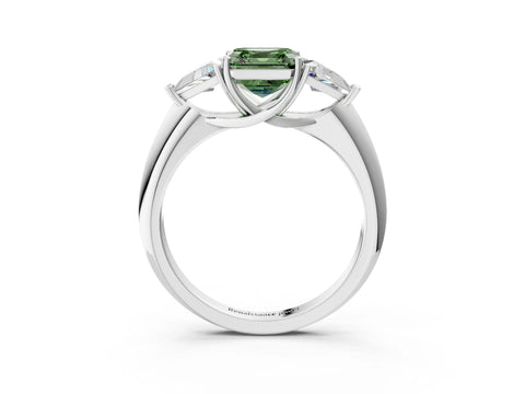 White gold Three-Stone Fancy Green Asscher Cut Cut Diamond Ring with Trillion Side Stones and Four-Prong Setting_14