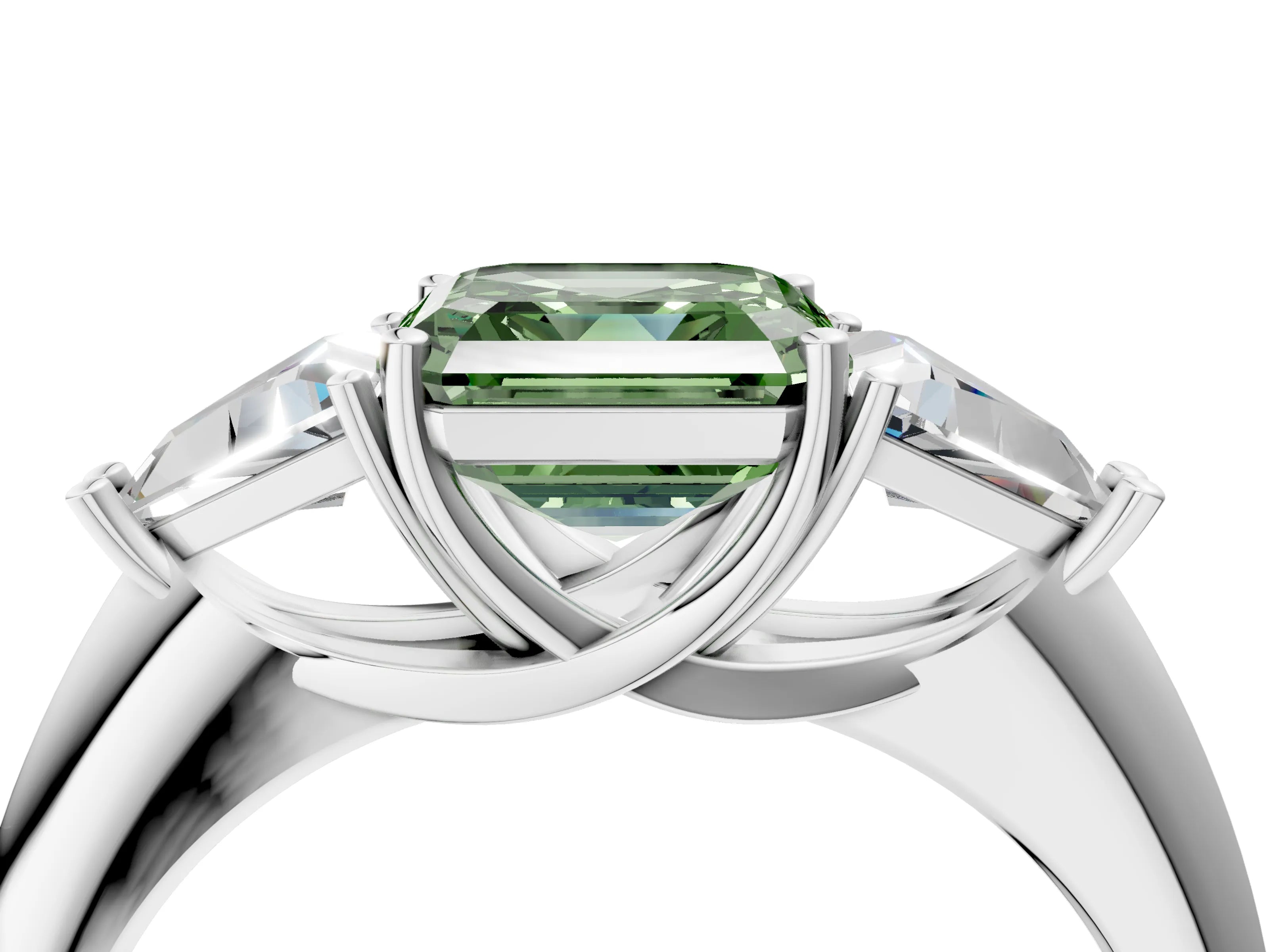 White gold Three-Stone Fancy Green Asscher Cut Cut Diamond Ring with Trillion Side Stones and Four-Prong Setting_15