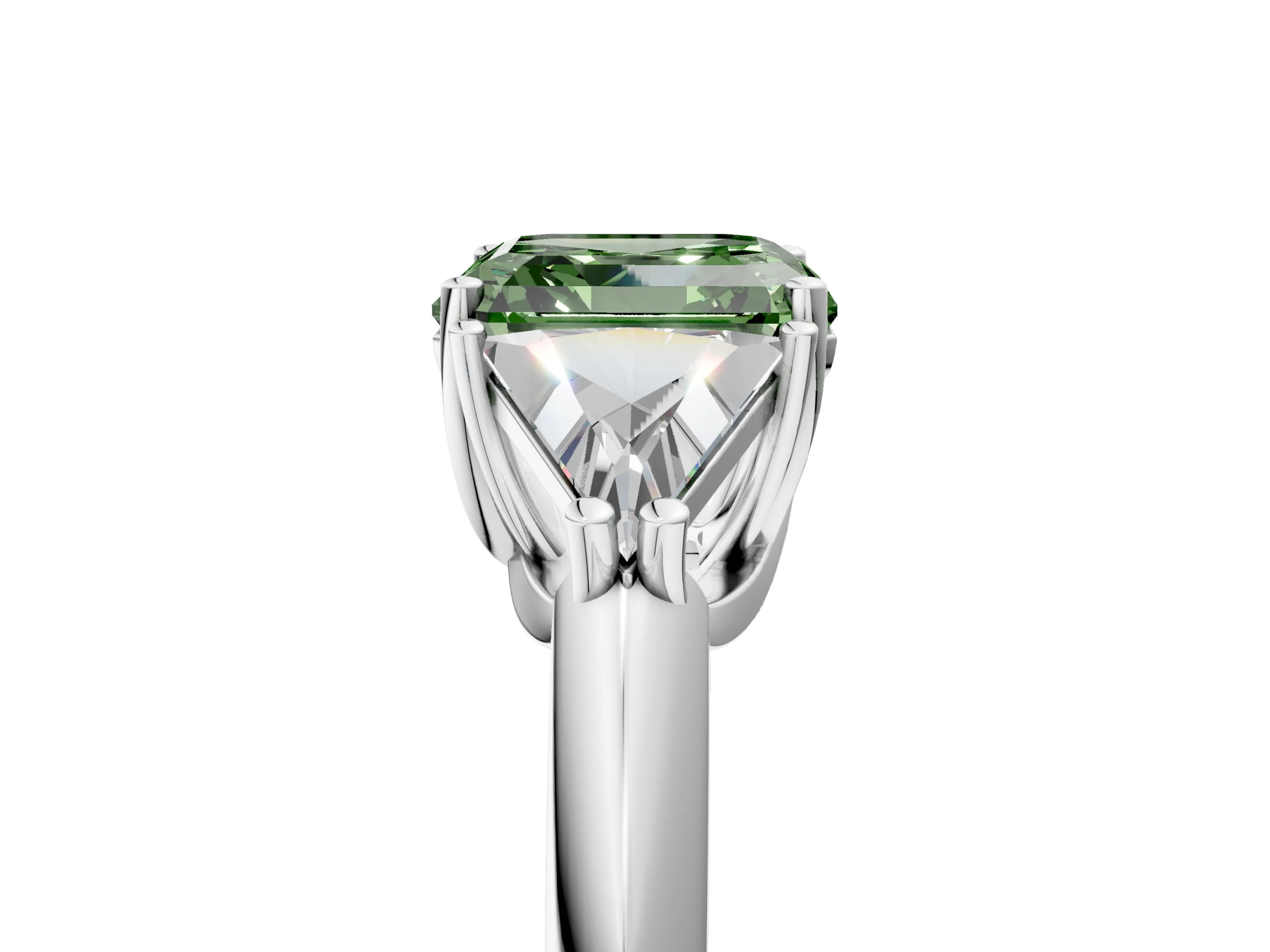 White gold Three-Stone Fancy Green Asscher Cut Cut Diamond Ring with Trillion Side Stones and Four-Prong Setting_16