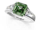 White gold Three-Stone Fancy Green Asscher Cut Cut Diamond Ring with Trillion Side Stones on a Split Shank Band_1