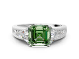 White gold Three-Stone Fancy Green Asscher Cut Cut Diamond Ring with Trillion Side Stones on a Split Shank Band