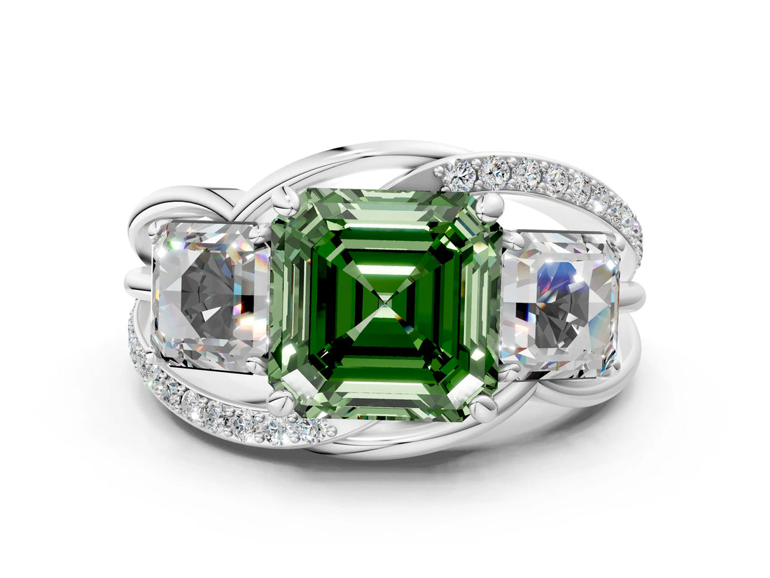 White gold Three-Stone Fancy Green Asscher Cut Cut Diamond Split Shank Prong Set Ring_12