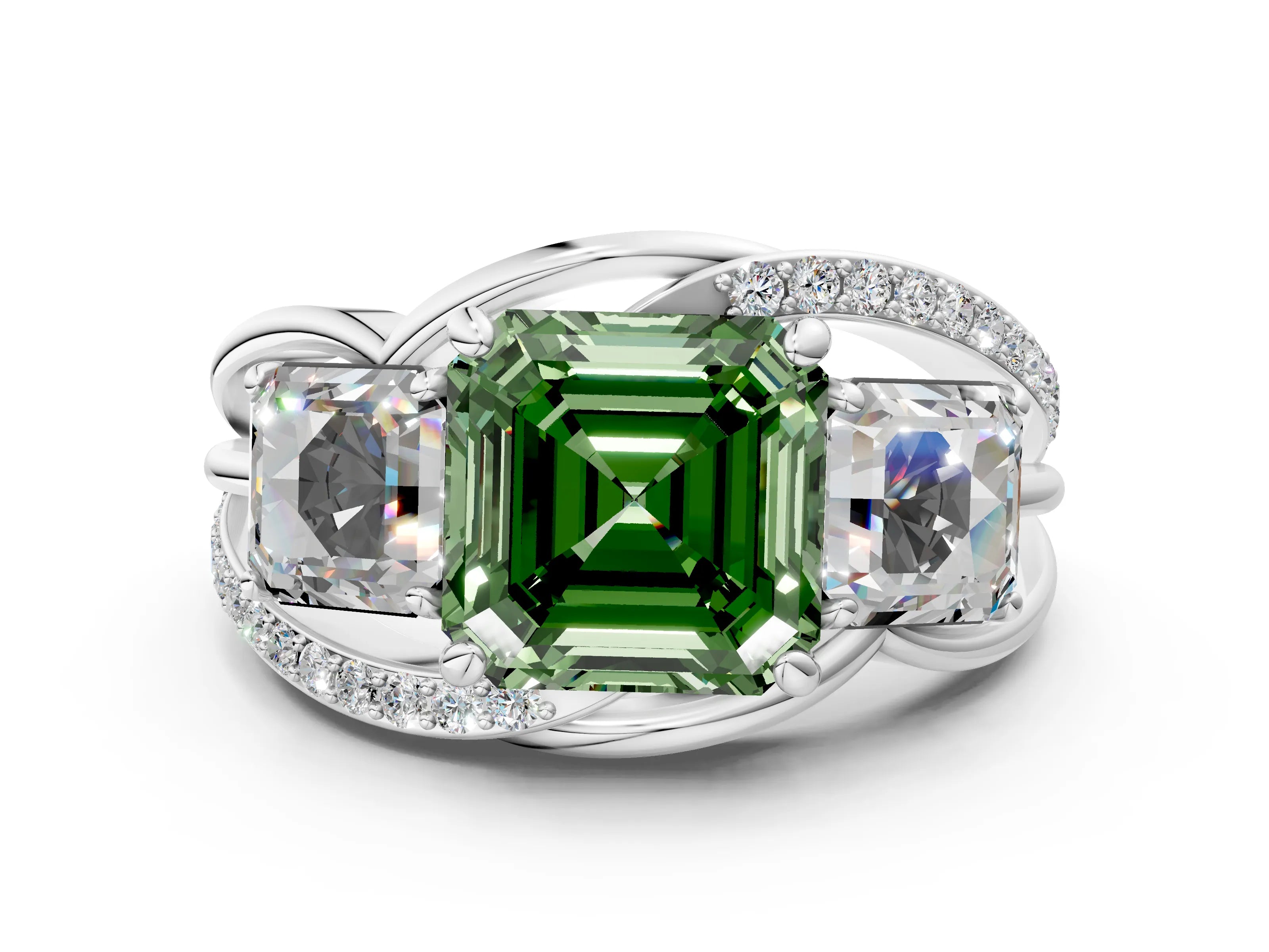 White gold Three-Stone Fancy Green Asscher Cut Cut Diamond Split Shank Prong Set Ring_24
