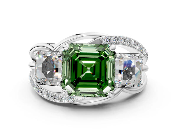 Sterling Silver Asscher Cut Three Stone Split Shank Engagement Ring Setting for Fancy Green Center