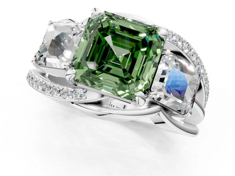White gold Three-Stone Fancy Green Asscher Cut Cut Diamond Split Shank Prong Set Ring_25