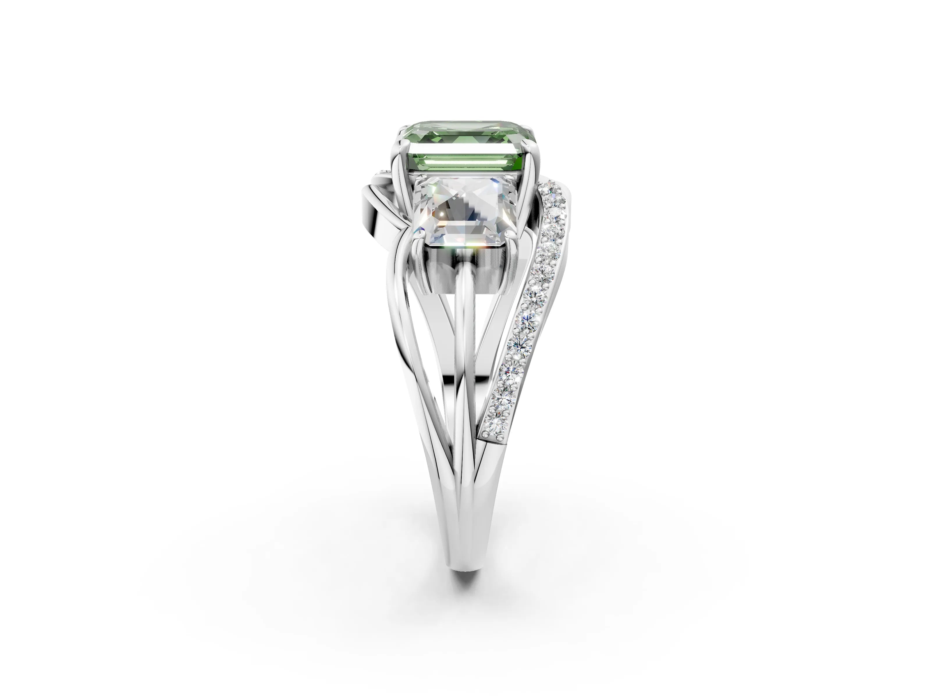 White gold Three-Stone Fancy Green Asscher Cut Cut Diamond Split Shank Prong Set Ring_26