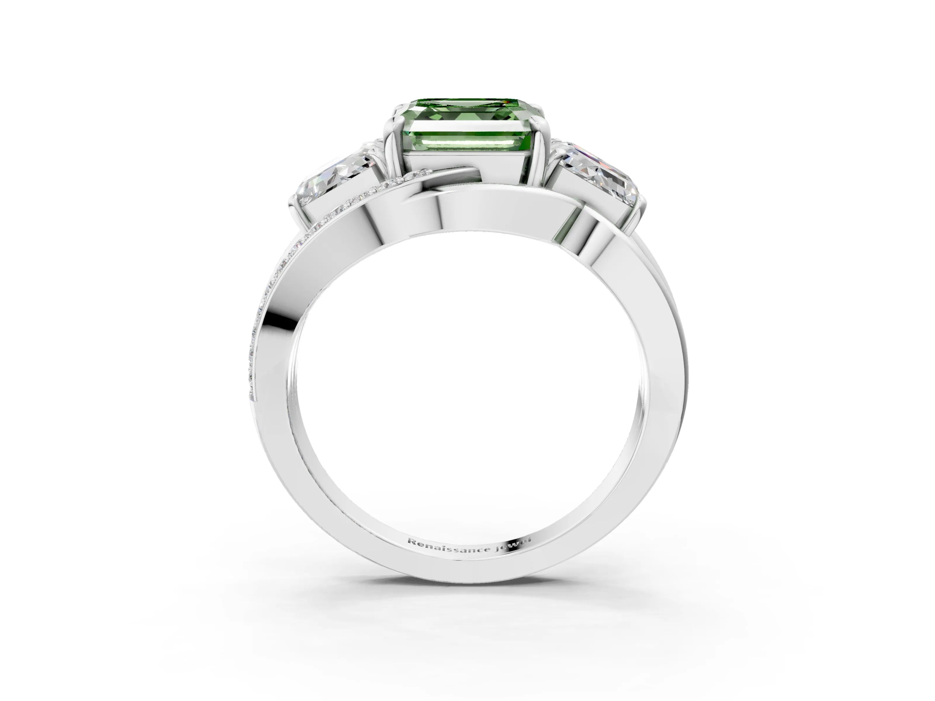 White gold Three-Stone Fancy Green Asscher Cut Cut Diamond Split Shank Prong Set Ring_27