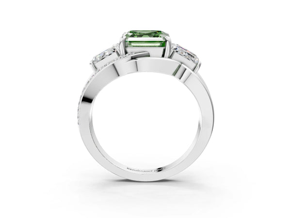 Platinum Asscher Cut Three Stone Split Shank Engagement Ring Setting for Fancy Green Center
