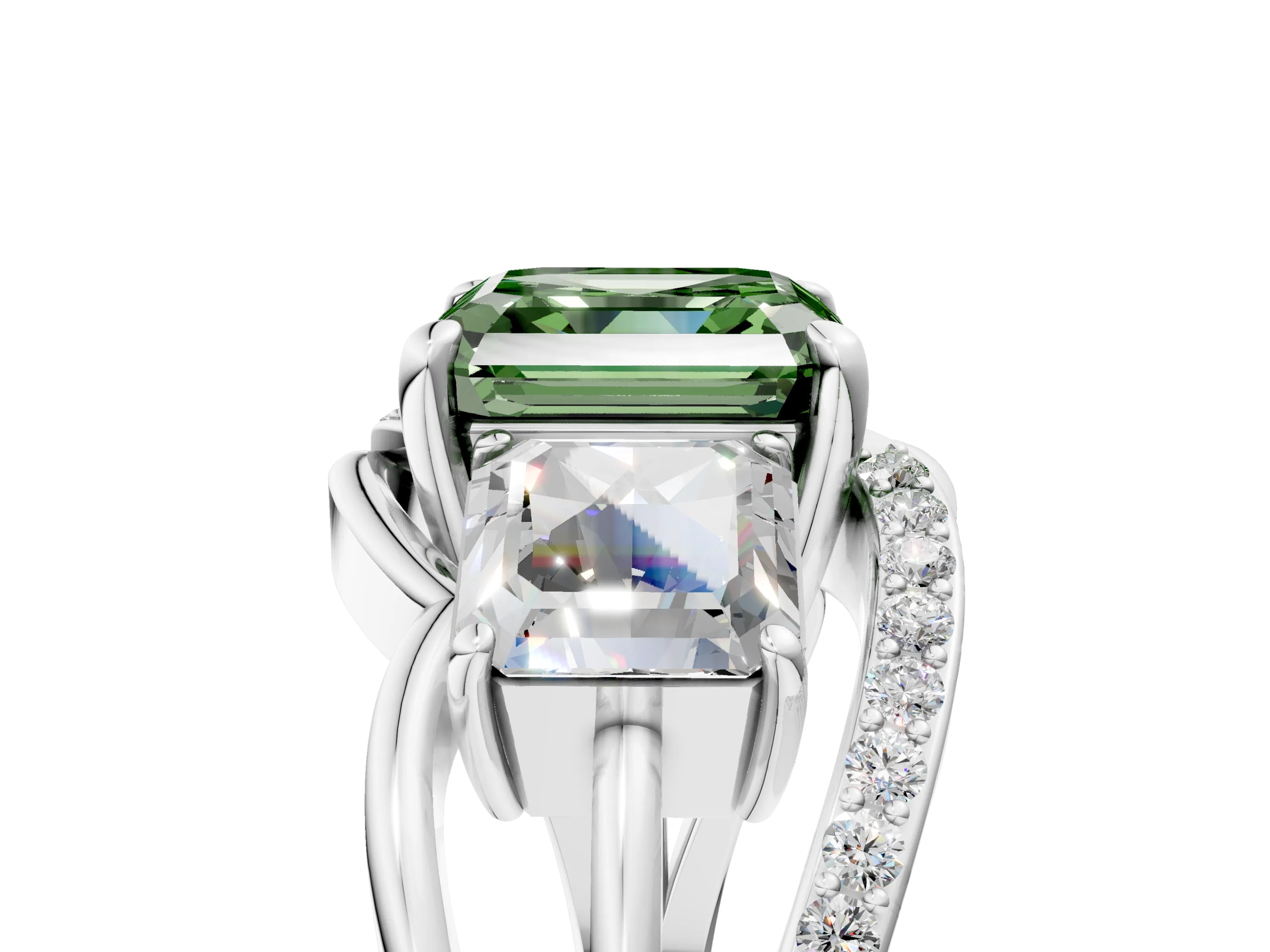 White gold Three-Stone Fancy Green Asscher Cut Cut Diamond Split Shank Prong Set Ring_29