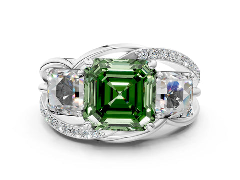 White gold Three-Stone Fancy Green Asscher Cut Cut Diamond Split Shank Prong Set Ring