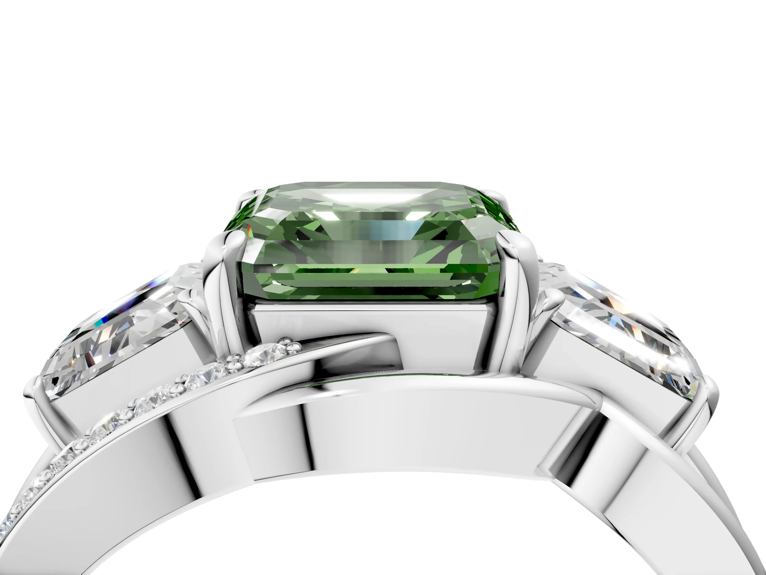 White gold Three-Stone Fancy Green Asscher Cut Cut Diamond Split Shank Prong Set Ring_4
