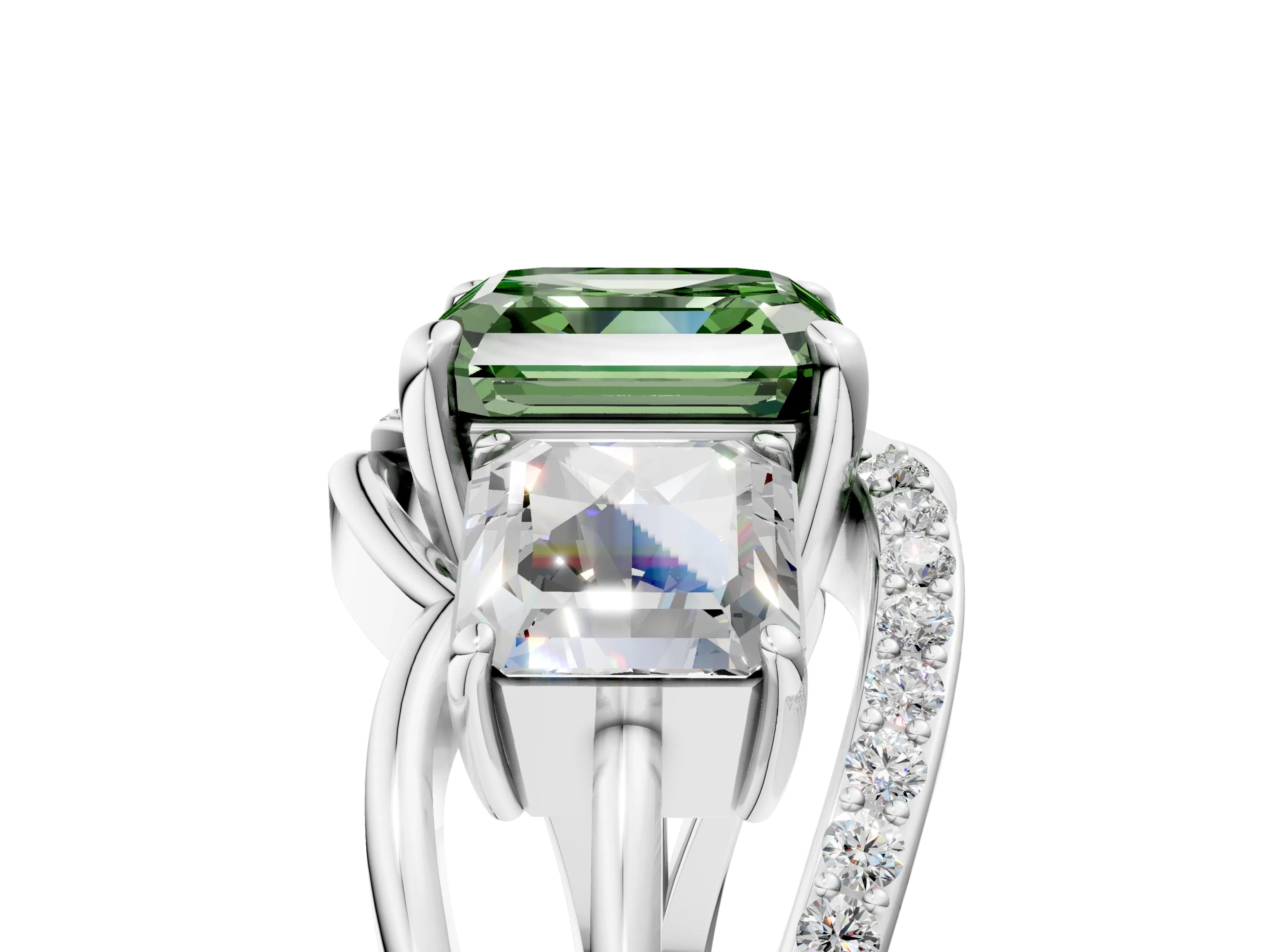 White gold Three-Stone Fancy Green Asscher Cut Cut Diamond Split Shank Prong Set Ring_5