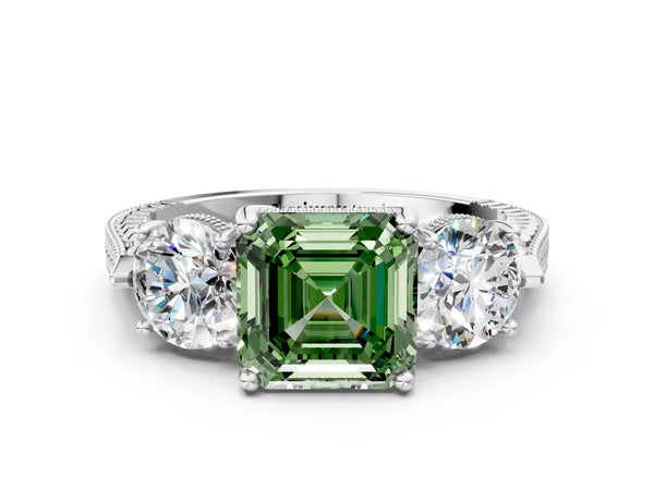 White Gold Asscher Cut Vintage Three Stone Engagement Ring Setting for Fancy Green Center