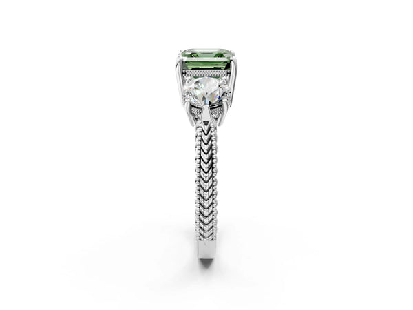 White Gold Asscher Cut Vintage Three Stone Engagement Ring Setting for Fancy Green Center