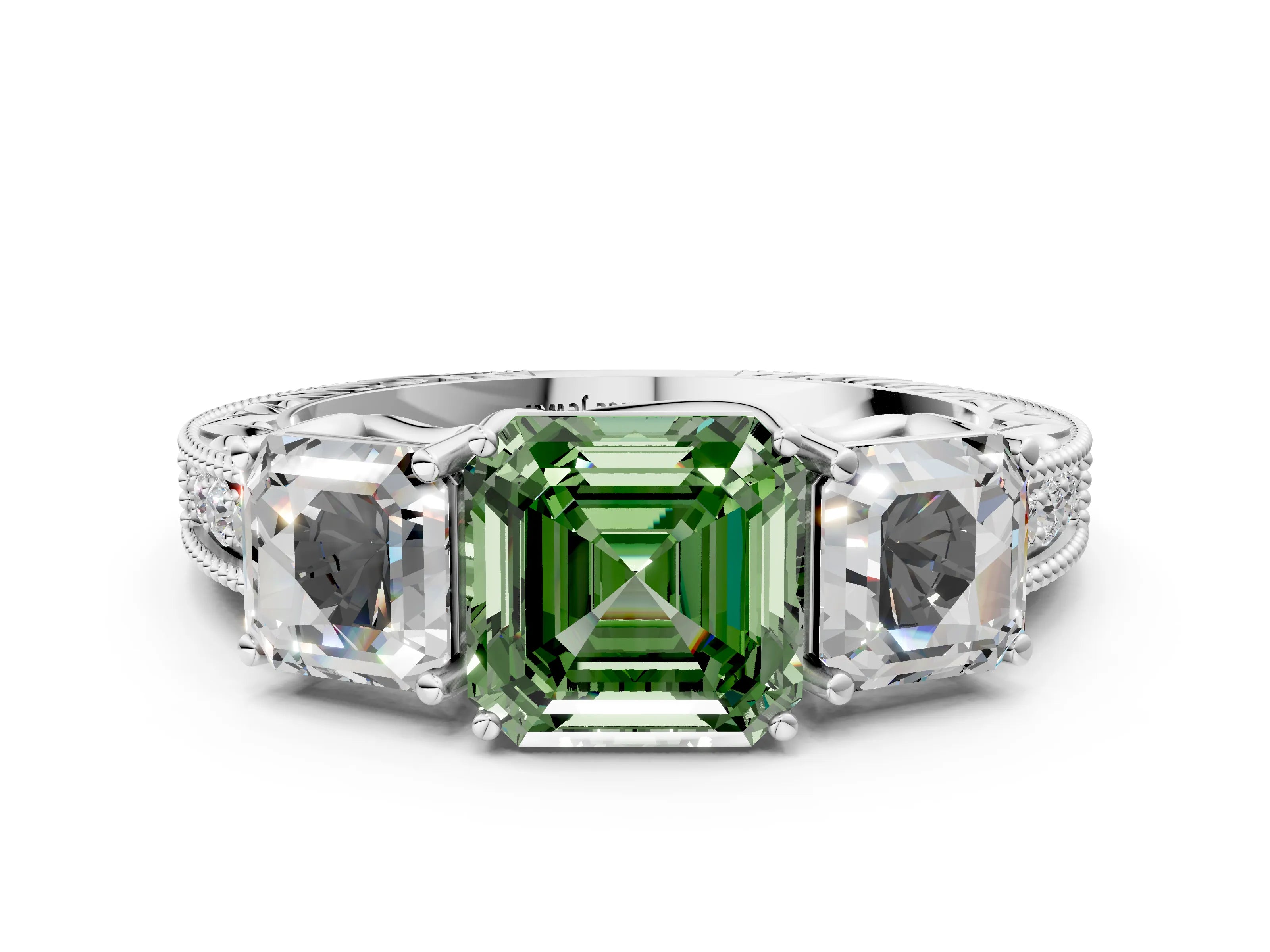 White gold Three-Stone Fancy Green Asscher Cut Cut Milgrain Pavé Engagement Ring_12