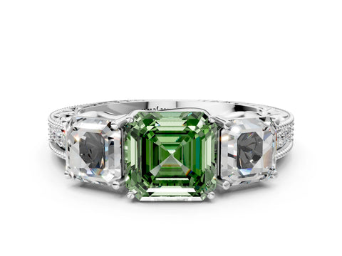 White gold Three-Stone Fancy Green Asscher Cut Cut Milgrain Pavé Engagement Ring_12