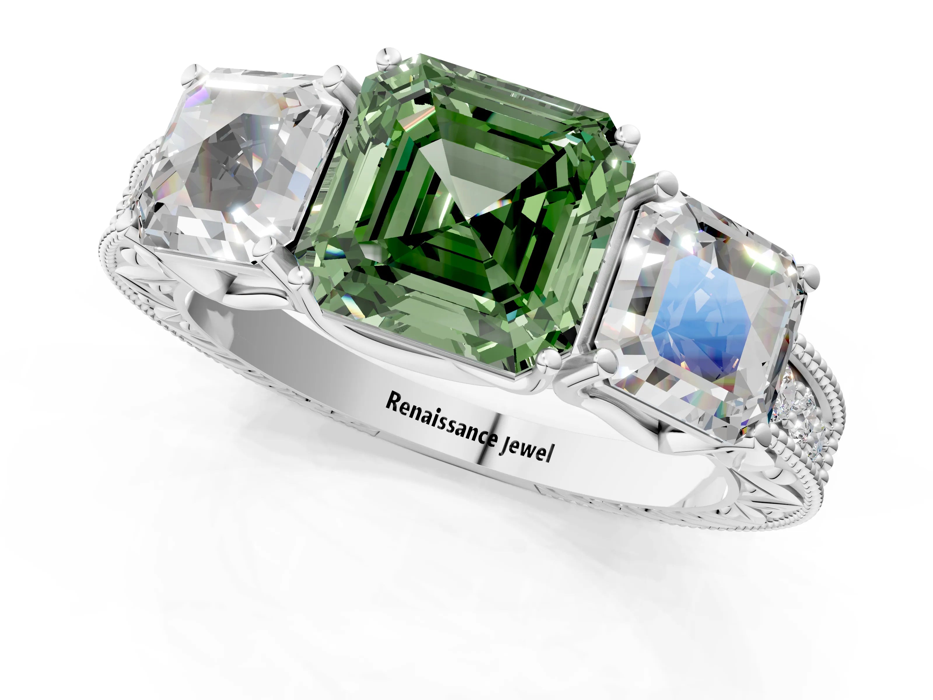 White gold Three-Stone Fancy Green Asscher Cut Cut Milgrain Pavé Engagement Ring_13
