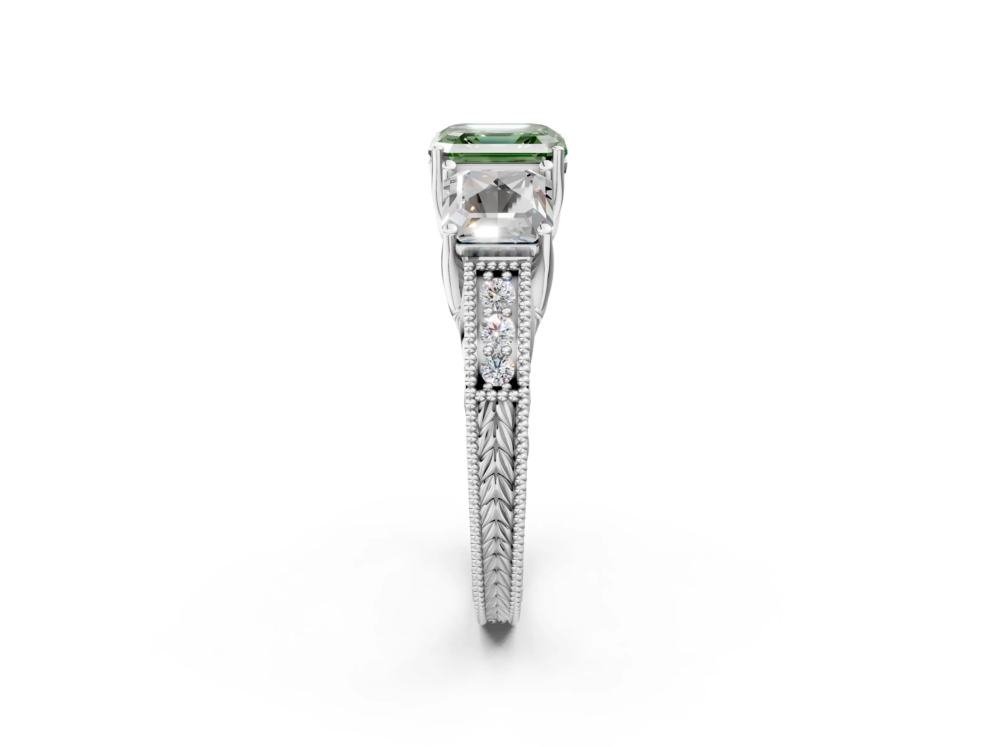 White gold Three-Stone Fancy Green Asscher Cut Cut Milgrain Pavé Engagement Ring_14
