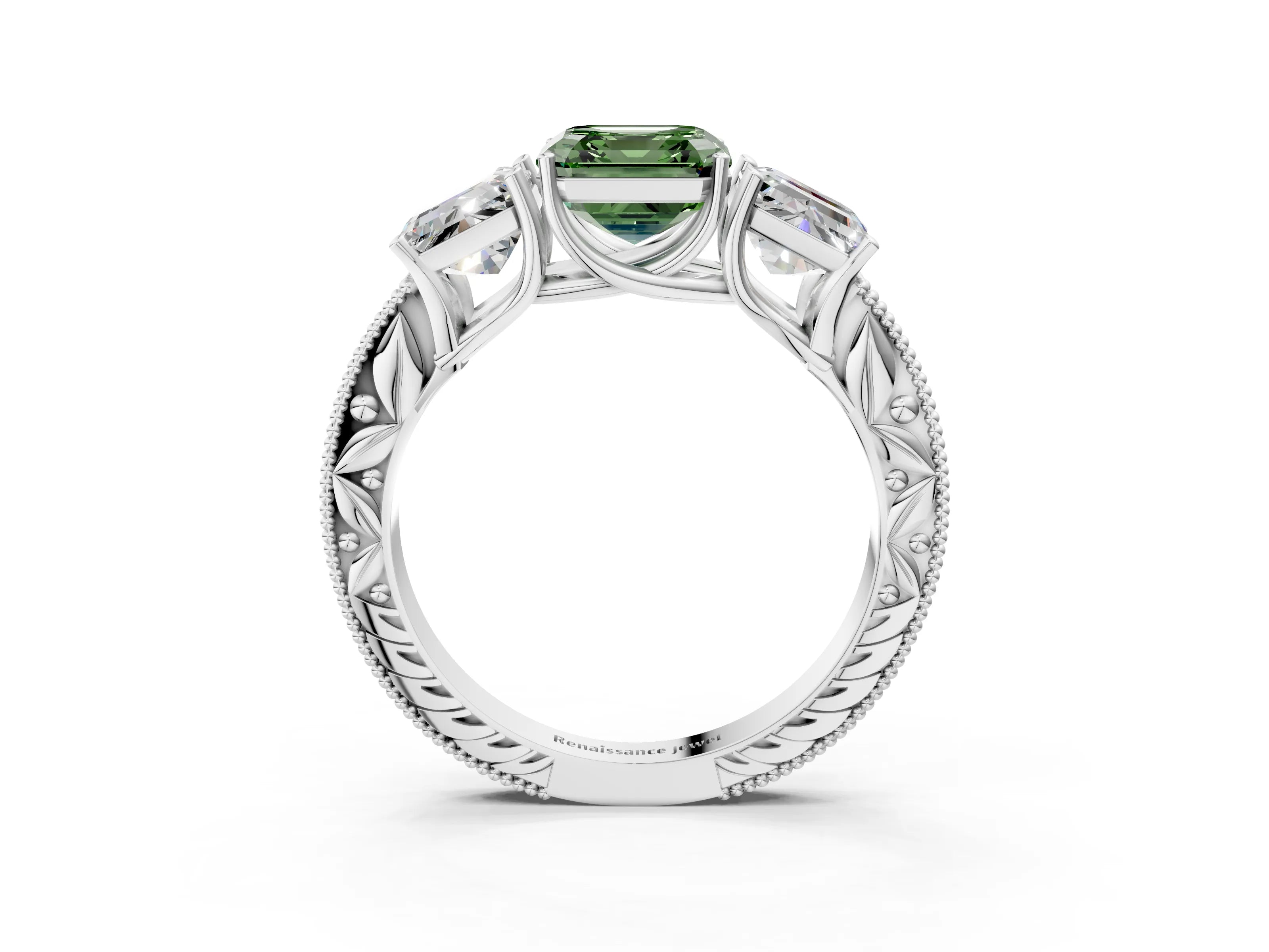 White gold Three-Stone Fancy Green Asscher Cut Cut Milgrain Pavé Engagement Ring_15