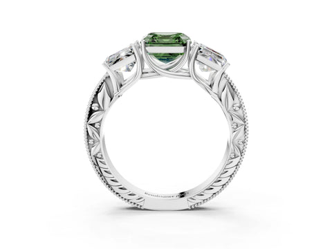 White gold Three-Stone Fancy Green Asscher Cut Cut Milgrain Pavé Engagement Ring_15