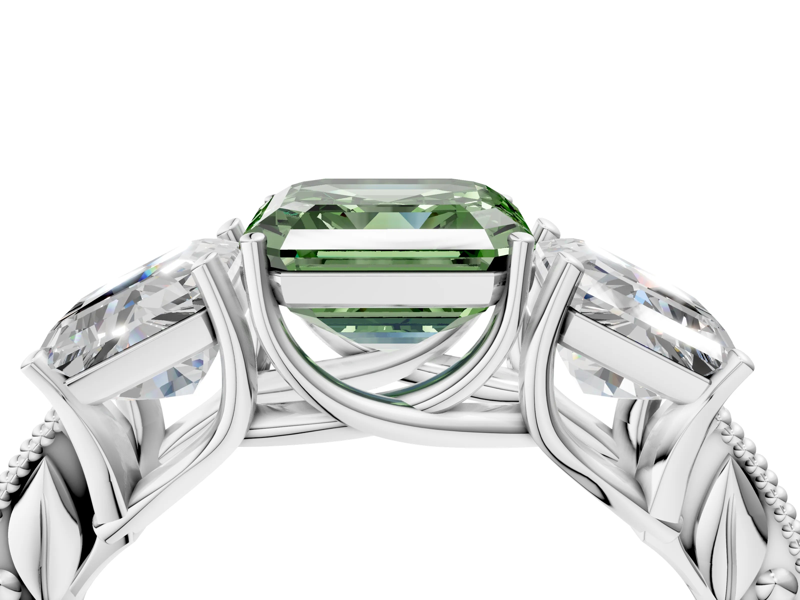 White gold Three-Stone Fancy Green Asscher Cut Cut Milgrain Pavé Engagement Ring_16