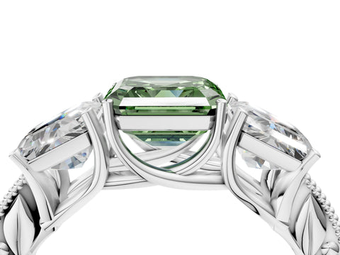 White gold Three-Stone Fancy Green Asscher Cut Cut Milgrain Pavé Engagement Ring_16