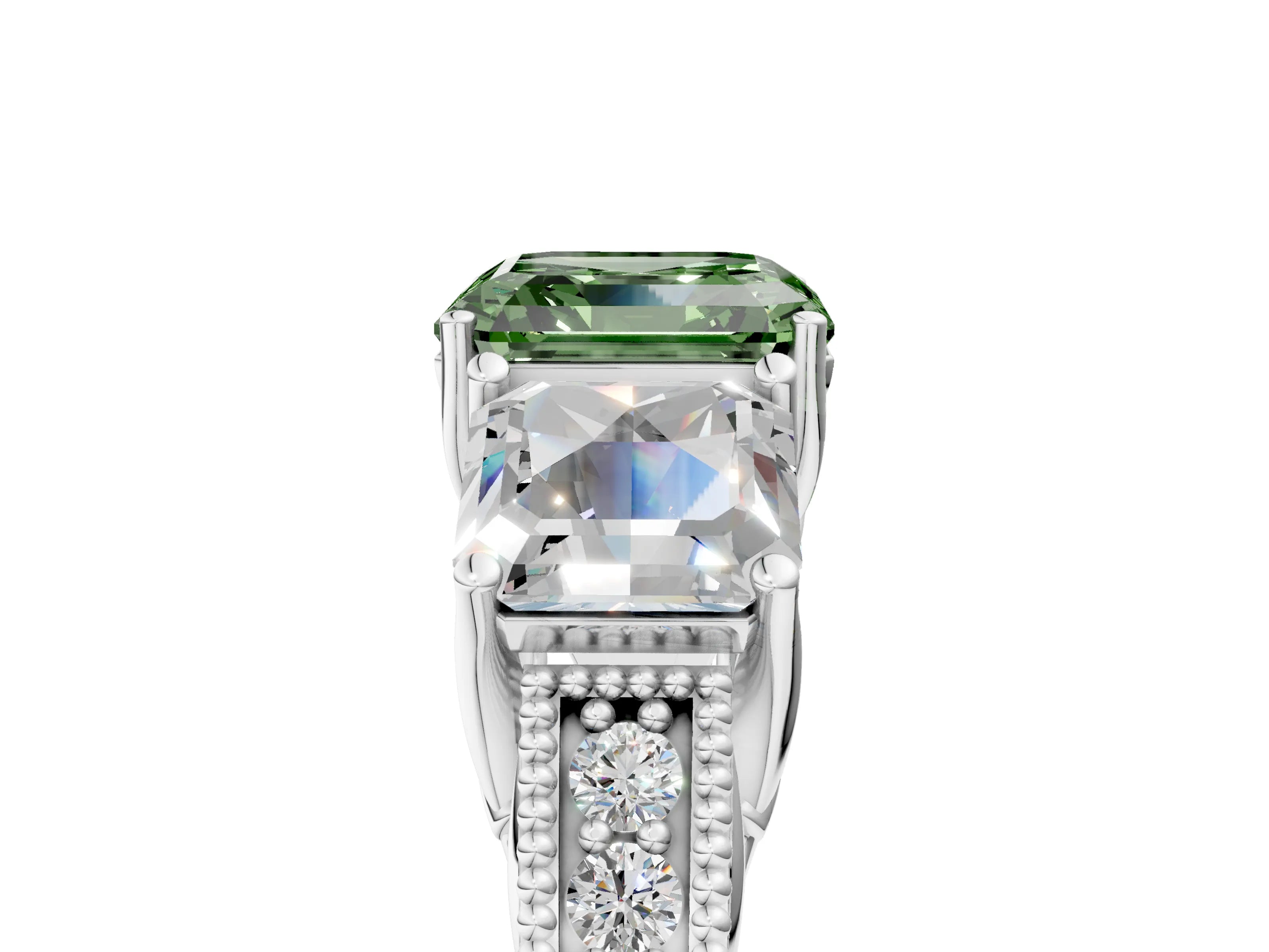 White gold Three-Stone Fancy Green Asscher Cut Cut Milgrain Pavé Engagement Ring_17
