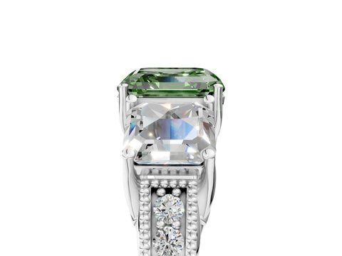 White gold Three-Stone Fancy Green Asscher Cut Cut Milgrain Pavé Engagement Ring_17