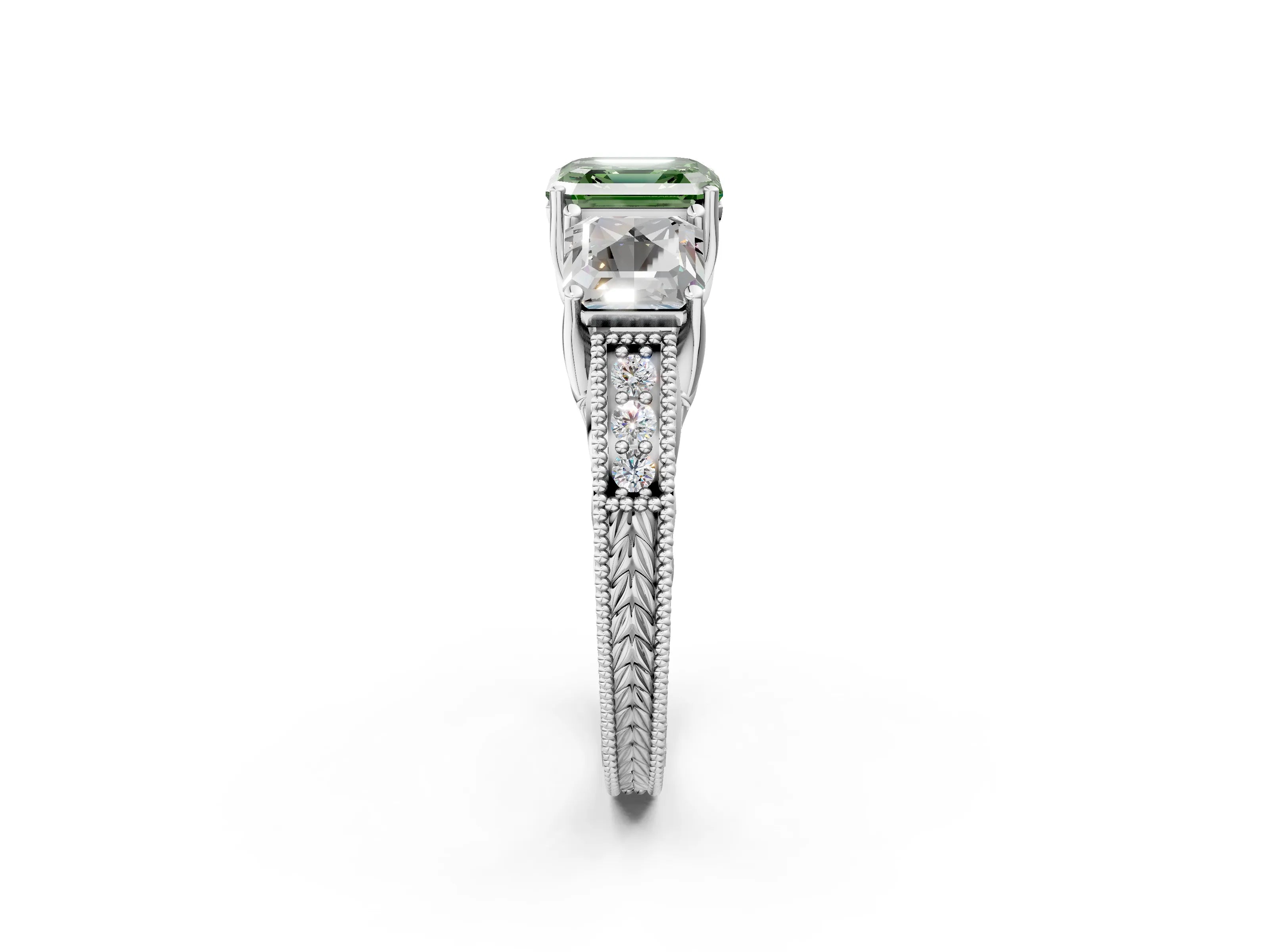 White gold Three-Stone Fancy Green Asscher Cut Cut Milgrain Pavé Engagement Ring_2