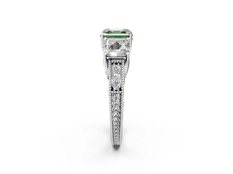 White gold Three-Stone Fancy Green Asscher Cut Cut Milgrain Pavé Engagement Ring_2