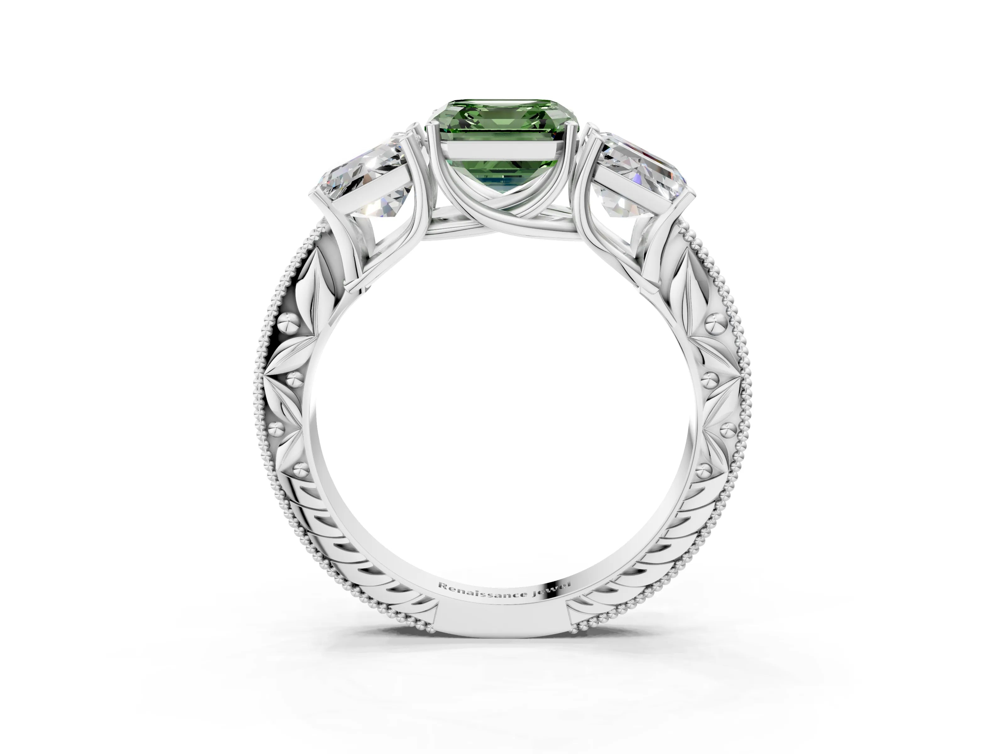 White gold Three-Stone Fancy Green Asscher Cut Cut Milgrain Pavé Engagement Ring_3