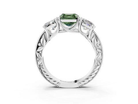 White gold Three-Stone Fancy Green Asscher Cut Cut Milgrain Pavé Engagement Ring_3