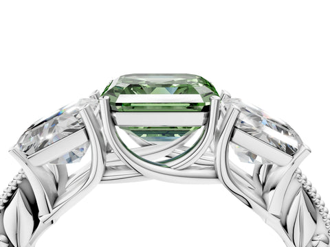 White gold Three-Stone Fancy Green Asscher Cut Cut Milgrain Pavé Engagement Ring_4