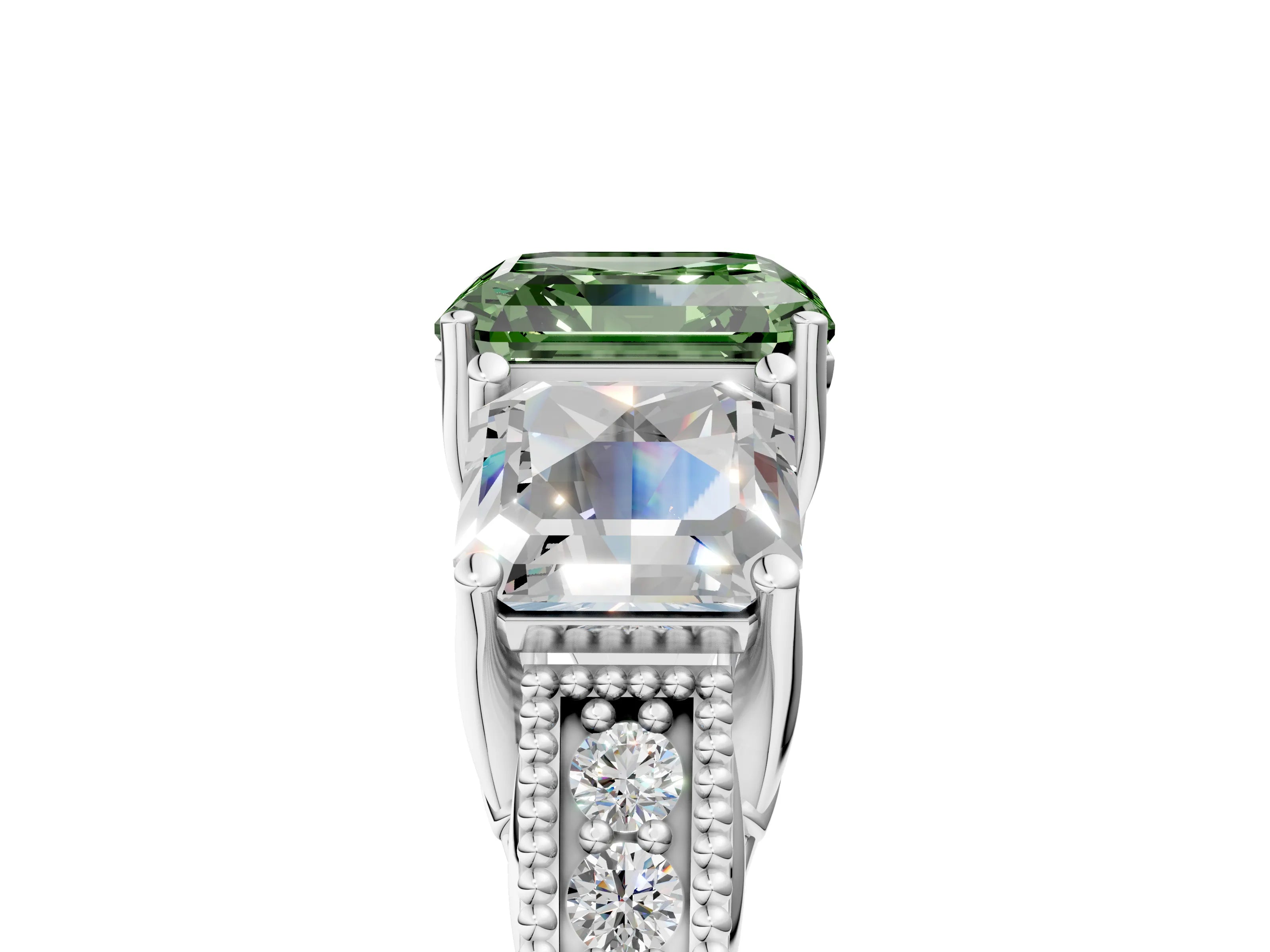 White gold Three-Stone Fancy Green Asscher Cut Cut Milgrain Pavé Engagement Ring_5