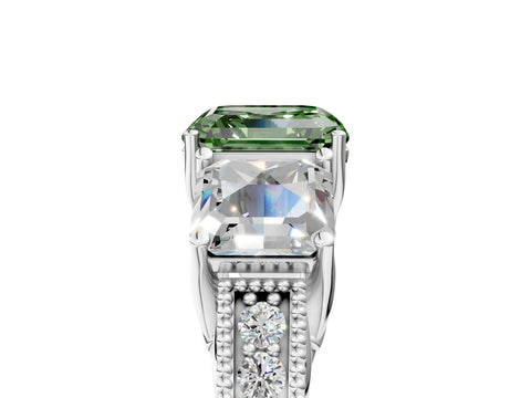 White gold Three-Stone Fancy Green Asscher Cut Cut Milgrain Pavé Engagement Ring_5